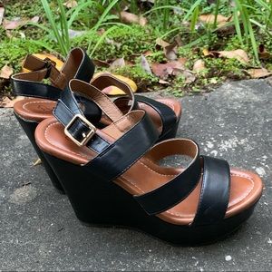 Worn once!  Wide strap wedge sandals
